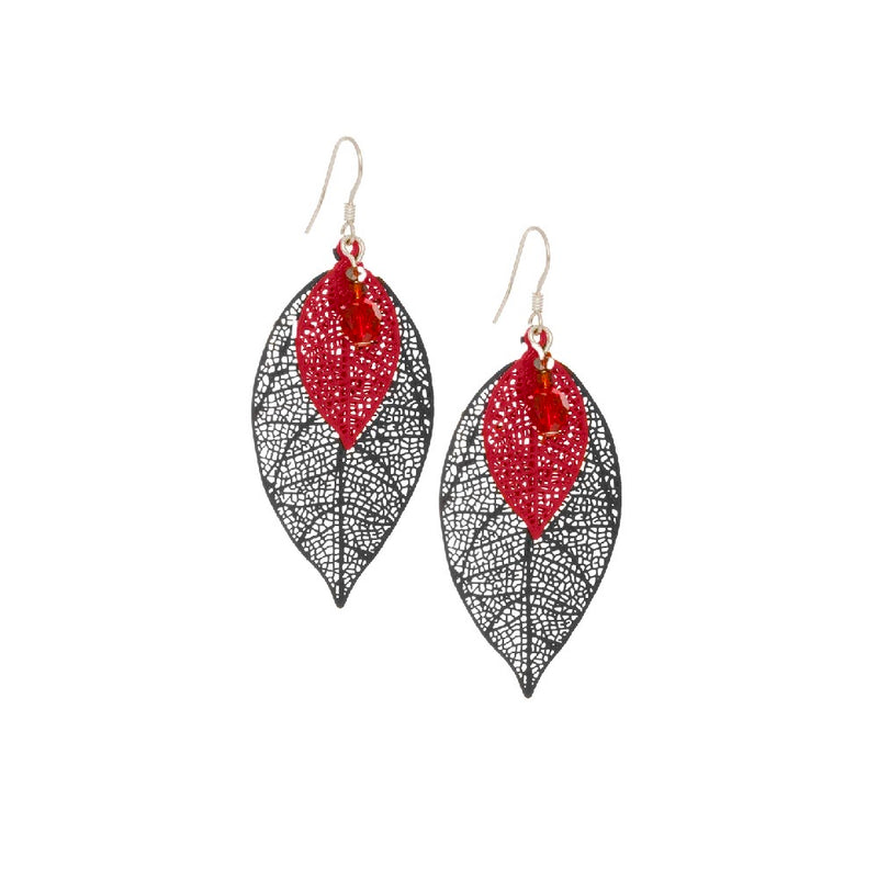 Filigree Large Leaf Earrings, Black/Red