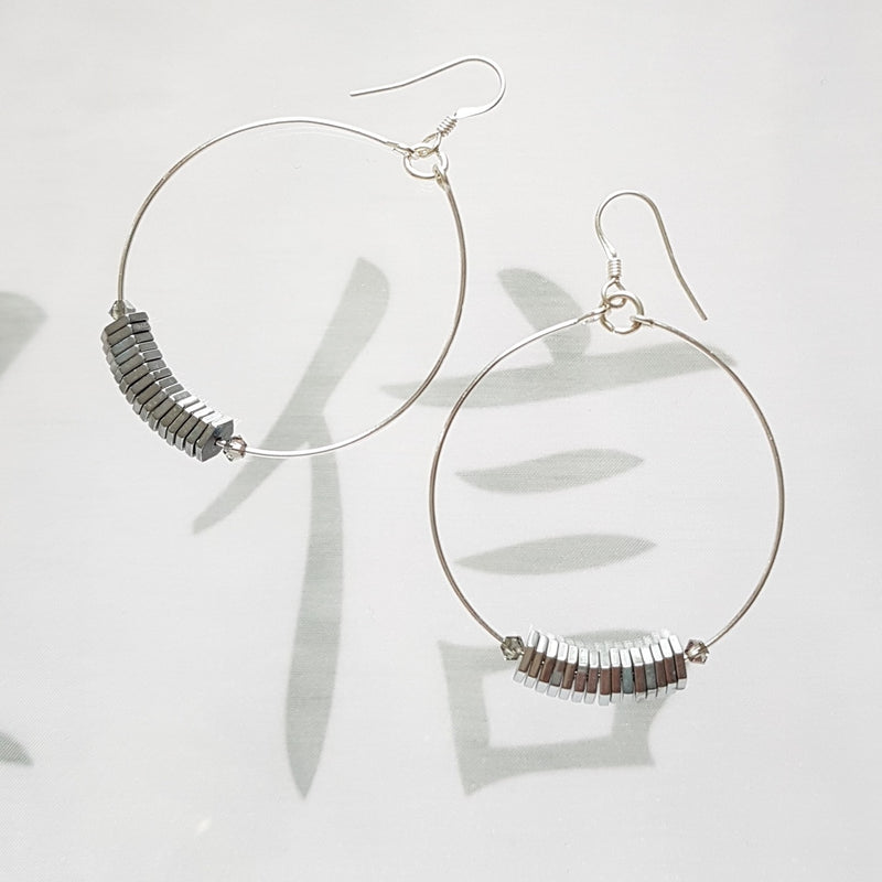 Hematite Hexagon Large Loop Earrings