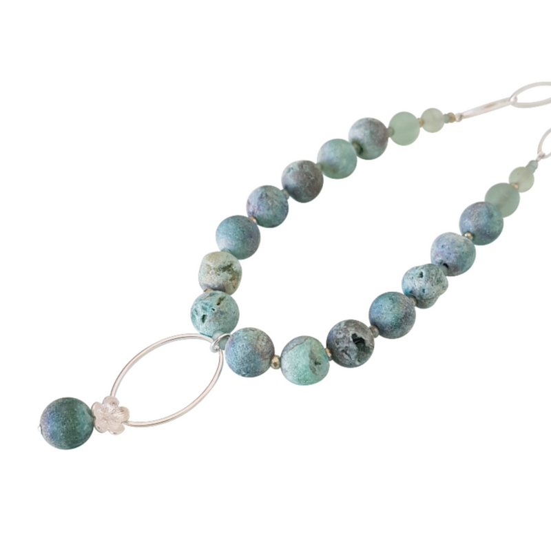 Geode Green Full Necklace, Silver Finish.