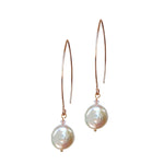 Freshwater Coin Pearl, Long Drop Earrings.