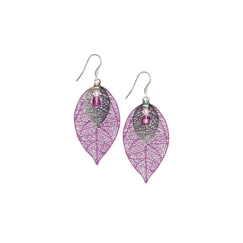Lavender with Silver Filigree Leaf Earrings Large