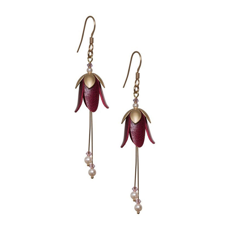 Fuchsia Leather Earrings, Gold and Silver Look.