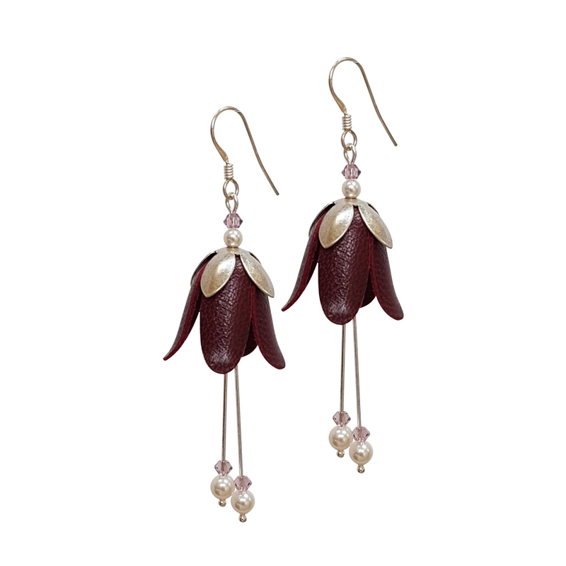 Fuchsia Leather Earrings, Gold and Silver Look.