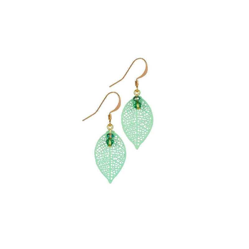 Filigree Small Leaf Earrings. Green.