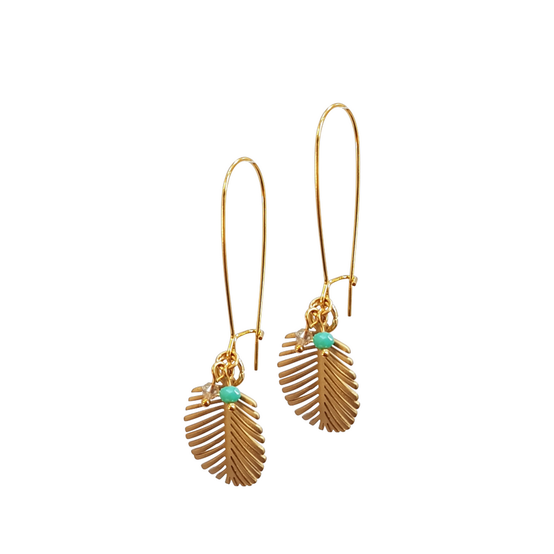 Palm Leaf Long Loop Earrings, with Turquoise or Coral crystal’s.
