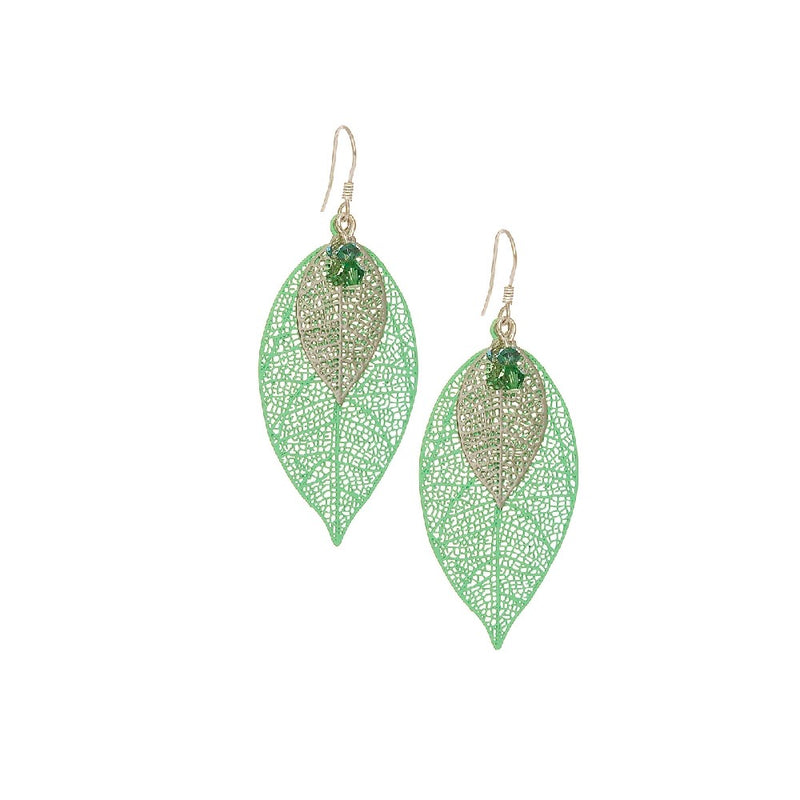 Green and Silver Large Filigree Leaf Earrings