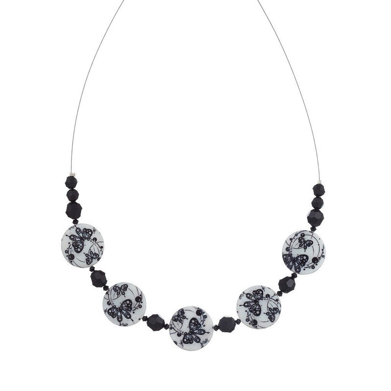 Printed Mother of Pearl Necklace Black Butterflies