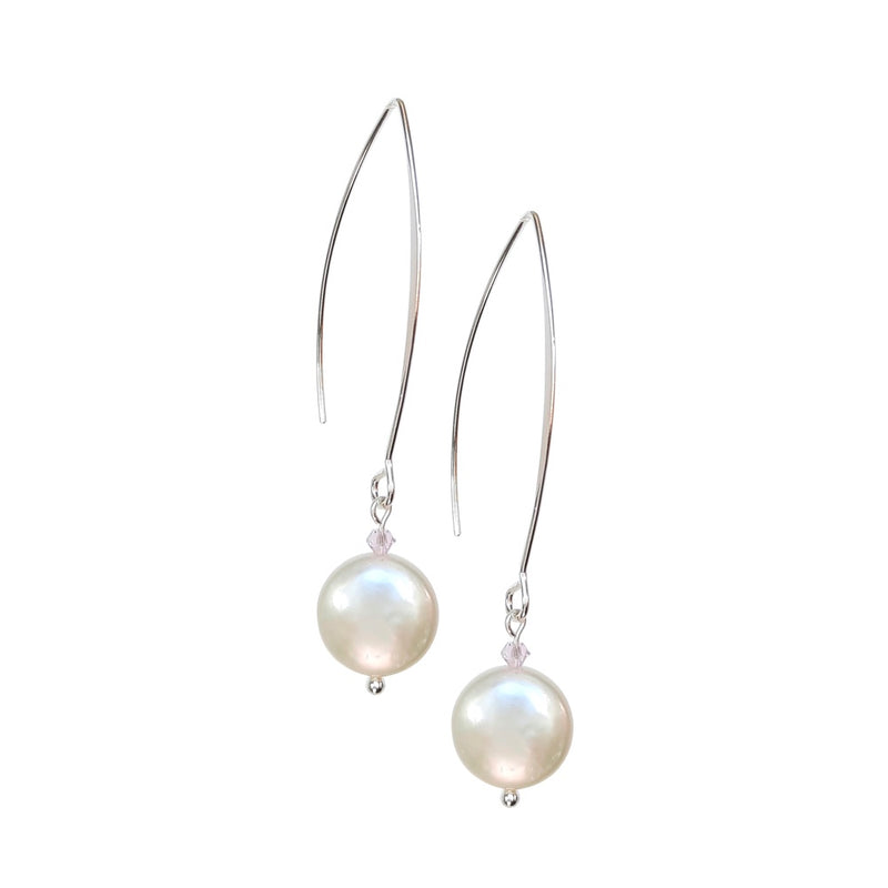 Freshwater Coin Pearl, Long Drop Earrings.
