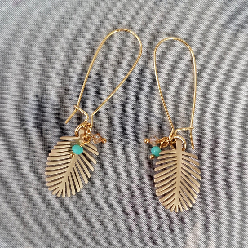 Palm Leaf Long Loop Earrings, with Turquoise or Coral crystal’s.