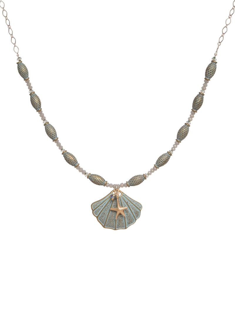 Verdigris Shell with Star Fish Beaded Necklace